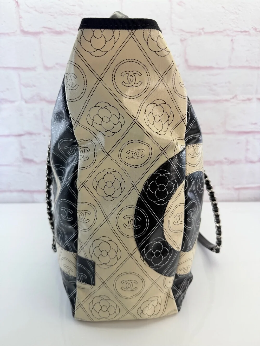 Chanel Coated Canvas Camellia Medium Shopping Tote Black Beige